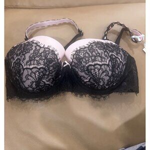 Victorias Secret Lightly Lined Lace Push-Up Bra 32DD Black & Pink Adjustable Str